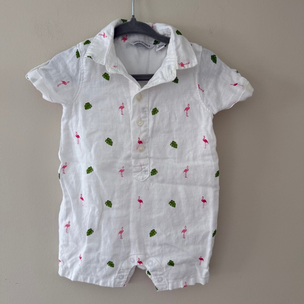 Janie and Jack White Linen Flamingo Palm Leaf Romper 3-6 Months 100% Linen